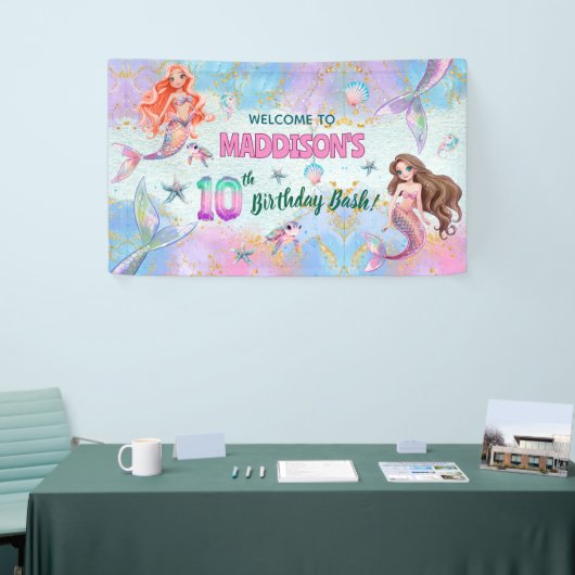 Pink Purple Glitter Mermaids 10th Birthday Welcome Spandoek (Beurs)