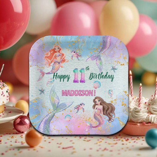 Pink Purple Glitter Mermaids 11th Birthday Party Papieren Bordje