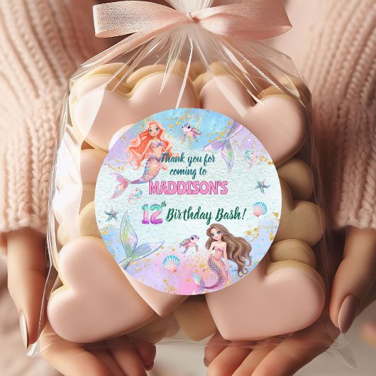 Pink Purple Glitter Mermaids 12th Birthday Party Ronde Sticker