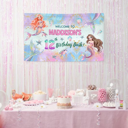 Pink Purple Glitter Mermaids 12th Birthday Welcome Spandoek (Feest)