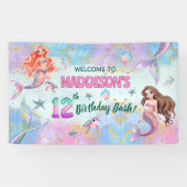 Pink Purple Glitter Mermaids 12th Birthday Welcome Spandoek (Horizontaal)