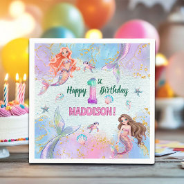 Pink Purple Glitter Mermaids 1st Birthday Party Servet