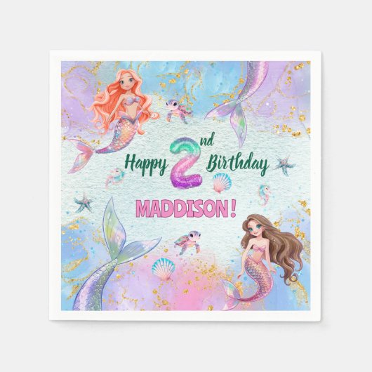 Pink Purple Glitter Mermaids 2nd Birthday Party Servet (Voorkant)