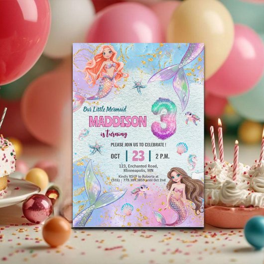 Pink Purple Glitter Mermaids 3rd Birthday Party Kaart