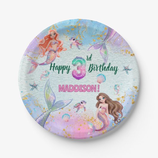 Pink Purple Glitter Mermaids 3rd Birthday Party Papieren Bordje (Voorkant)