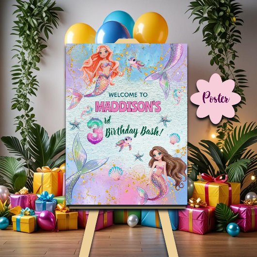 Pink Purple Glitter Mermaids 3rd Birthday Welcome Poster