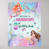 Pink Purple Glitter Mermaids 3rd Birthday Welcome Poster (Voorkant)