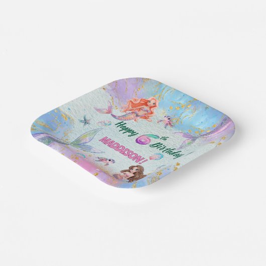 Pink Purple Glitter Mermaids 6th Birthday Party Papieren Bordje (Gebogen)