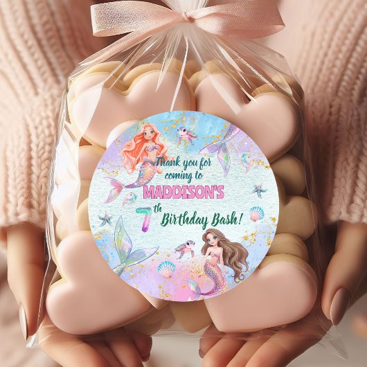 Pink Purple Glitter Mermaids 7th Birthday Party Ronde Sticker