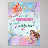 Pink Purple Glitter Mermaids 7th Birthday Welcome Poster (Voorkant)