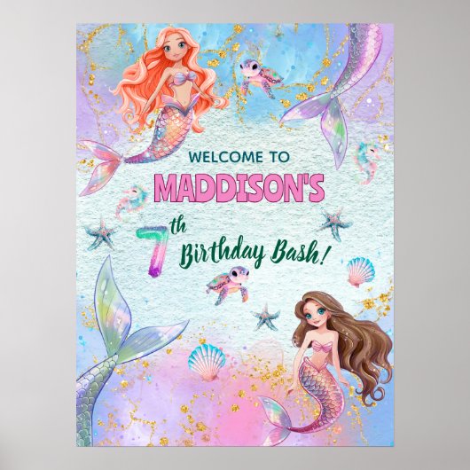 Pink Purple Glitter Mermaids 7th Birthday Welcome Poster (Voorkant)