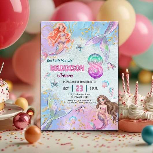 Pink Purple Glitter Mermaids 8th Birthday Party Kaart