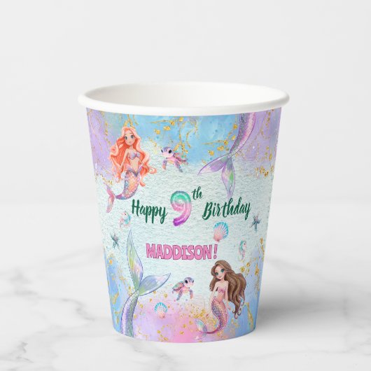 Pink Purple Glitter Mermaids 9th Birthday Party Papieren Bekers (Voorkant)