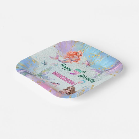 Pink Purple Glitter Mermaids 9th Birthday Party Papieren Bordje (Gebogen)