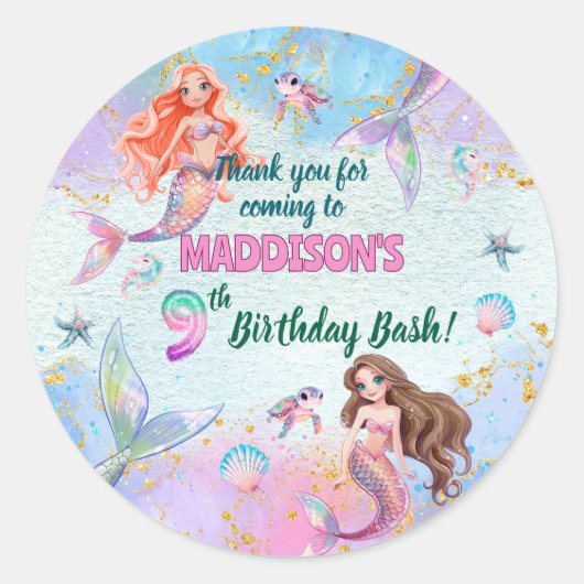 Pink Purple Glitter Mermaids 9th Birthday Party Ronde Sticker (Voorkant)