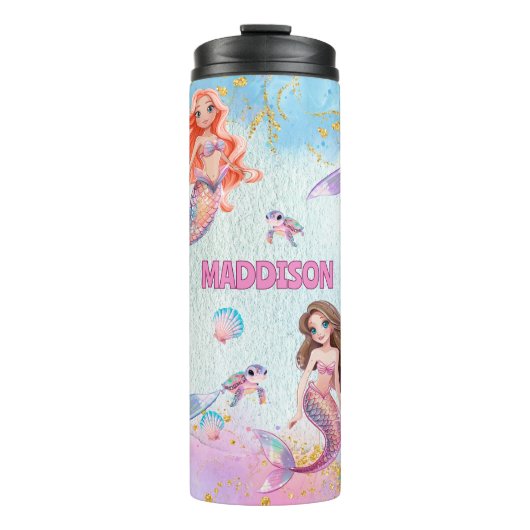 Pink Purple Glitter Mermaids Add Name Thermosbeker (Voorkant)