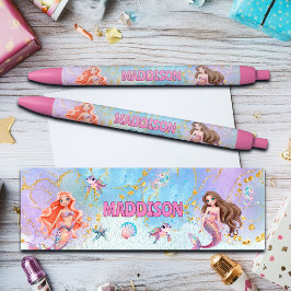Pink Purple Glitter Mermaids Add Name Zwarte Inkt Pen