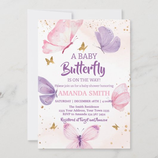  Pink Purple Gold Butterfly Baby Shower Kaart (Voorkant)