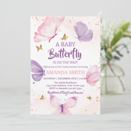 Pink Purple Gold Butterfly Baby Shower Kaart (Staand voorkant)
