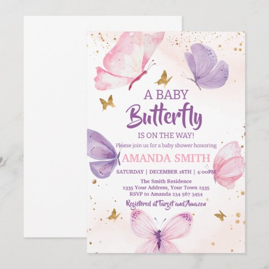 Pink Purple Gold Butterfly Baby Shower Kaart (Voorkant / Achterkant)