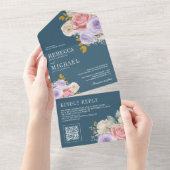 Pink Purple Rose Floral QR Code Dusty Blue Wedding All In One Uitnodiging (Afscheurbaar)