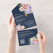 Pink Purple Roses Floral QR Code Navy Blue Wedding All In One Uitnodiging (Afscheurbaar)