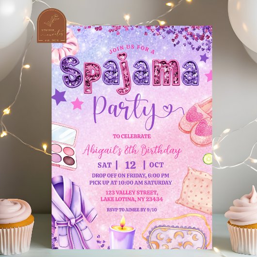 Pink Purple sequin Spajama Party Birthday Kaart