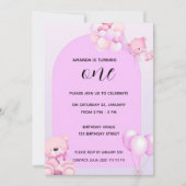 Pink Purple Teddy Bear 1st Birthday Invitation Kaart (Voorkant)