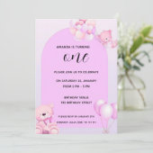 Pink Purple Teddy Bear 1st Birthday Invitation Kaart (Staand voorkant)