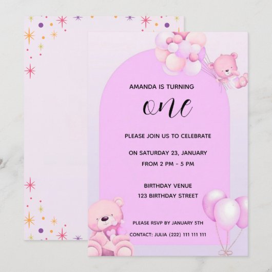Pink Purple Teddy Bear 1st Birthday Invitation Kaart (Voorkant / Achterkant)