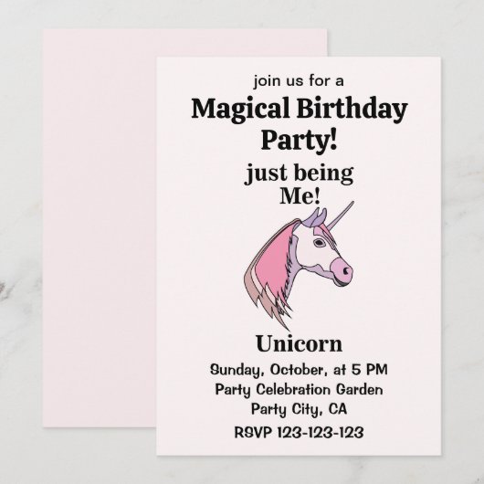 Pink Purple Unicorn Head Magical Birthday Party Kaart (Voorkant / Achterkant)