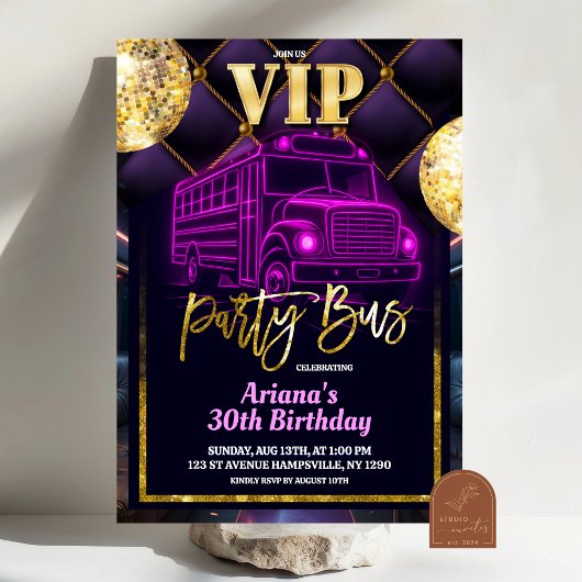 Pink Purple VIP Party Bus Invitation Kaart