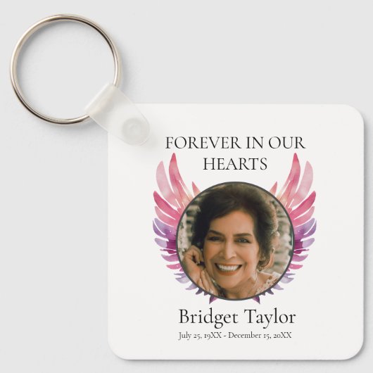 Pink & Purples Angel Wings Funeral Photo Memorial Sleutelhanger (Voorkant)