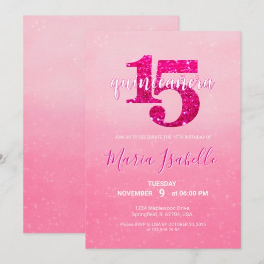 Pink Quinceañera 15e verjaardag uitnodiging (Voorkant / Achterkant)