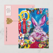 PINK RABBIT, CHRISTMAS CANDLES EN HOLLYBERRIES FEESTDAGENKAART (Voorkant / Achterkant)