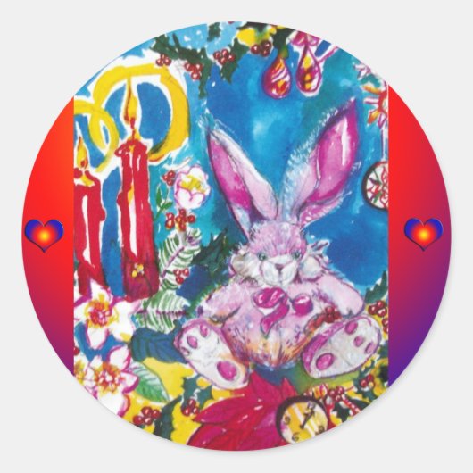 PINK RABBIT, CHRISTMAS CANDLES EN HOLLYBERRIES RONDE STICKER (Voorkant)