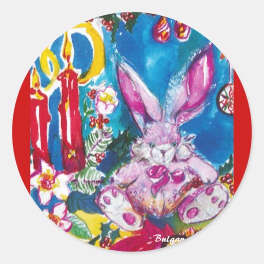 PINK RABBIT, CHRISTMAS CANDLES EN HOLLYBERRIES RONDE STICKER (Voorkant)