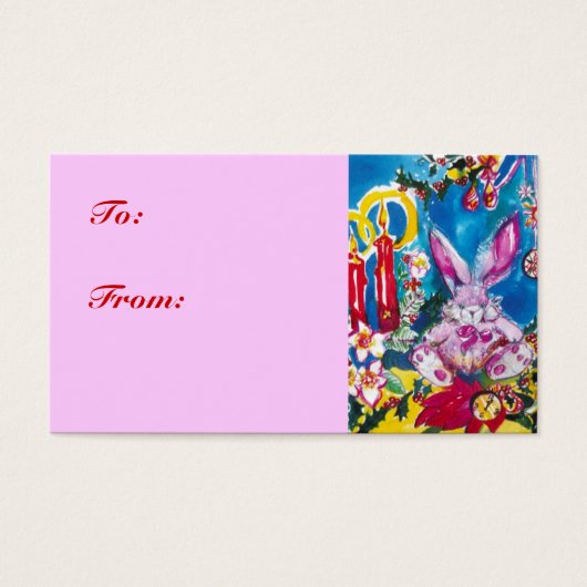 PINK RABBIT, CHRISTMAS CANDLES EN HOLLYBERRIES VISITEKAARTJE (Voorkant)