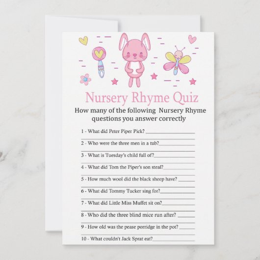 Pink Rabbit Nursery Rhyme Quiz baby shower game Kaart (Voorkant)