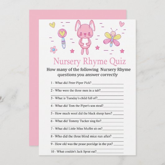 Pink Rabbit Nursery Rhyme Quiz baby shower game Kaart (Voorkant / Achterkant)