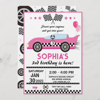 Pink Race Car Birthday Party Kaart