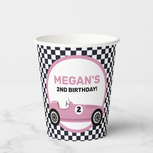 Pink Race Car Girl Racing Birthday Papieren Bekers (Achterkant)