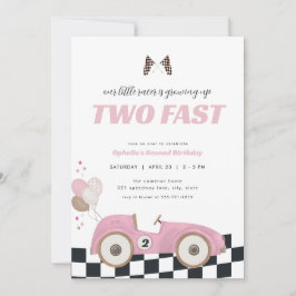 Pink Race Car Girl Two Fast Second Birthday Invite Kaart