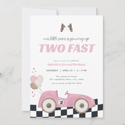 Pink Race Car Girl Two Fast Second Birthday Invite Kaart (Voorkant)