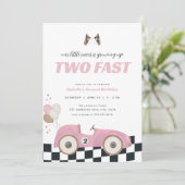 Pink Race Car Girl Two Fast Second Birthday Invite Kaart (Staand voorkant)