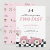 Pink Race Car Girl Two Fast Second Birthday Invite Kaart (Voorkant / Achterkant)