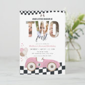 Pink Race Car Two Fast 2nd Birthday Invite Photo Kaart (Staand voorkant)