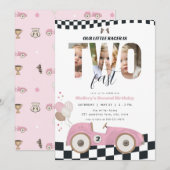 Pink Race Car Two Fast 2nd Birthday Invite Photo Kaart (Voorkant / Achterkant)
