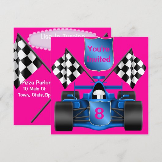 PINK RACING CAR-uitnodiging Kaart (Voorkant / Achterkant)