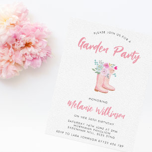 Pink Rain Boots & Flowers Garden Party Birthday Kaart
